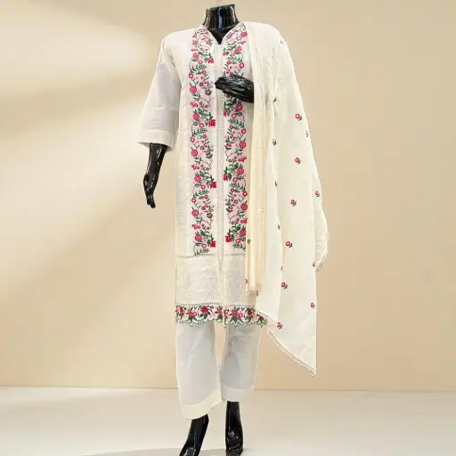 Embroidered Cotton Kurta Set - Cream