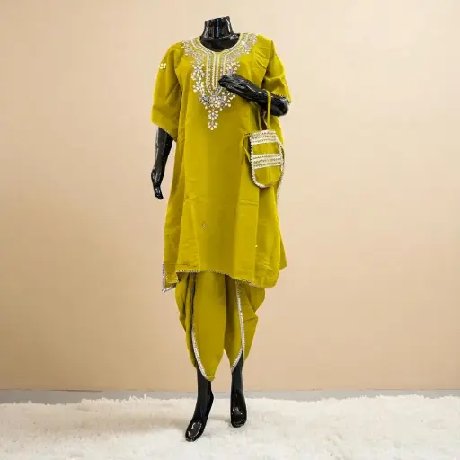 Neon Green Kaftan and Tulip Pants Set with Potli
