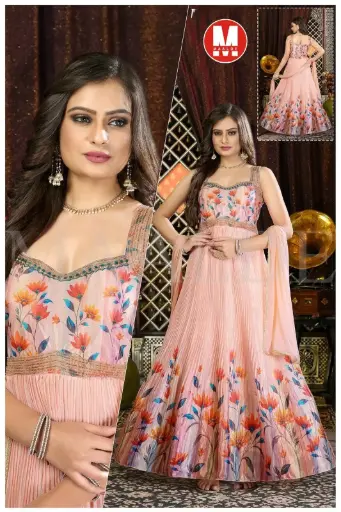 Peach Printed Pleated One Piece Dress