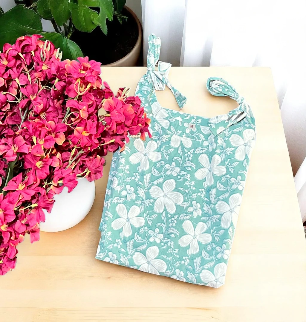 Blue Cotton Kurti with White Flower Pattern