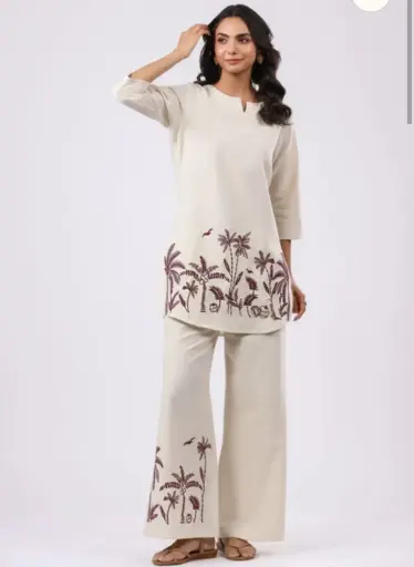 Palm Paradise Embroidered Cotton Coord Set