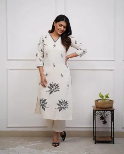Cotton Kurta Palazzo Set with Lotus Embroidery
