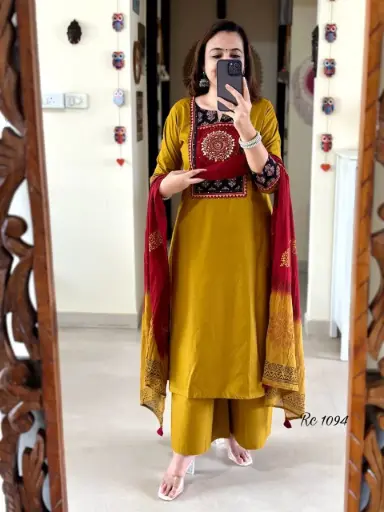 Mustard Festive Embroidered Yoke Cotton Suit Set with Malmal Dupatta