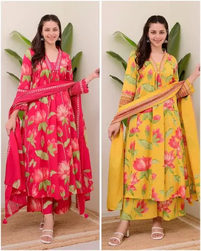Floral Printed Cotton A-Line Suit - 3 Piece Set
