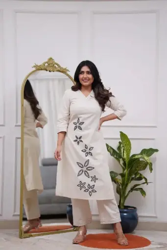 Cream Embroidered Floral Kurta Palazzo Set