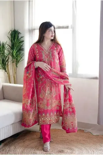 Fuchsia Pink and Purple Paisley Satin Kurta Set with Hand Stonework