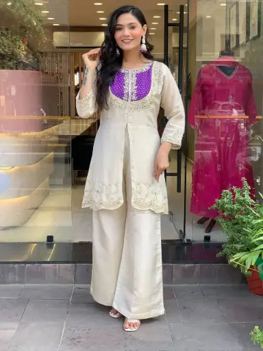 Embroidered Chinnon Kurta and Palazzo Coord Set