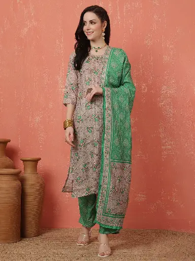Green Floral Printed Kurta Set with Dupatta