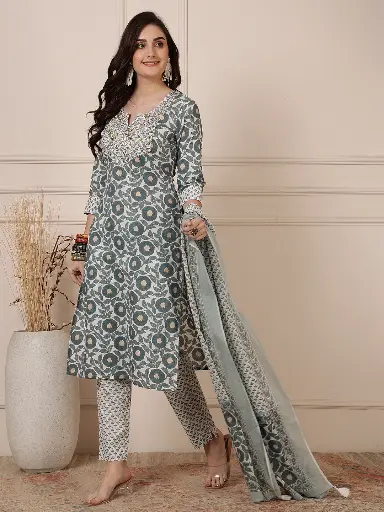 Floral Teal & White Cotton Kurta Set with Embellished Neckline