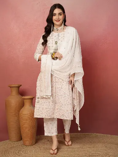 Off-White Floral Printed Cotton Kurta Set with Dupatta