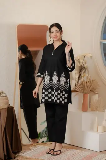 Embroidered Cotton Kurta Set in Mustard Yellow and Black Color