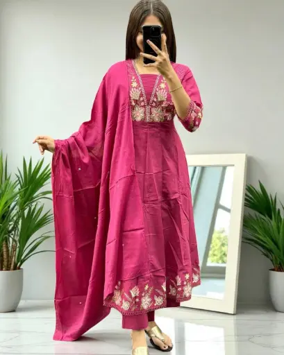 Embroidered Anarkali Kurta Set with Malmal Dupatta