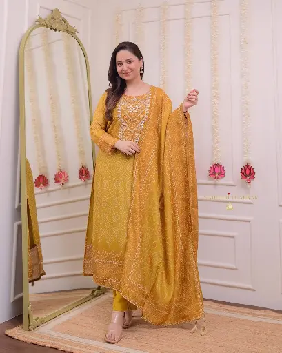 Mustard Yellow Bandhani Print Kurta Set with Embroidered Detailing