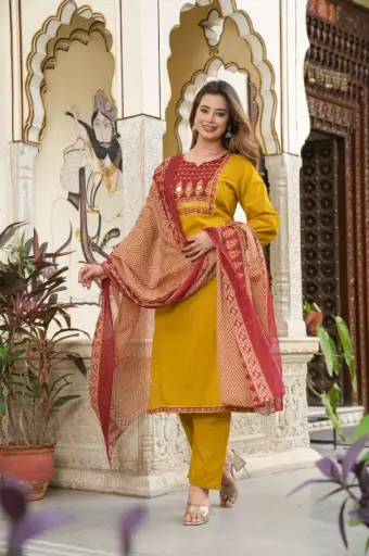 Voluminous Beautiful Embroidered Kurta Set with Bandhani Dupatta