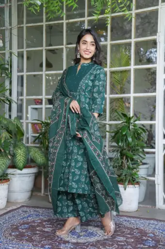 Angrakha Printed Cotton Kurta Set with Dupatta