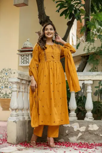 Embroidered Mustard Pleated Kurta Set with Dupatta