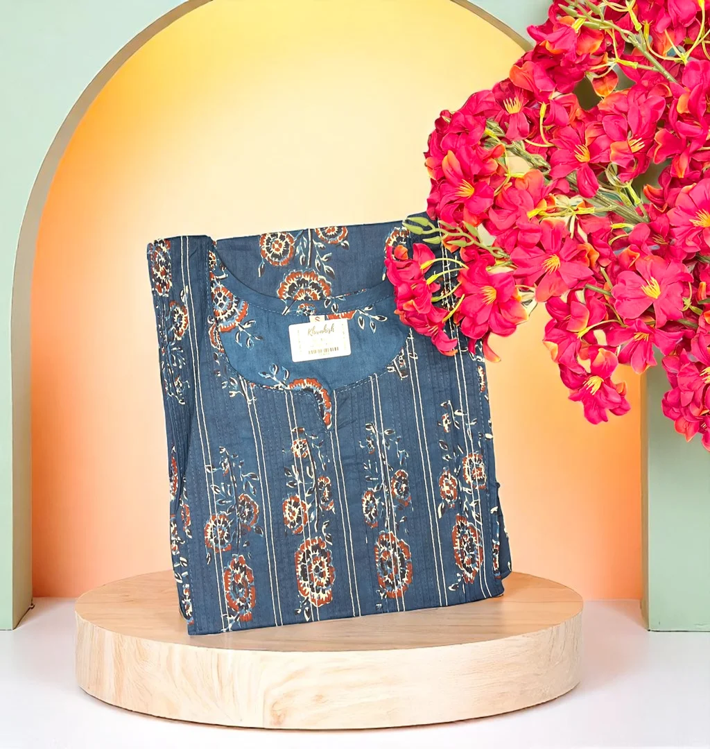 Blue Cotton Kurti with Brown Floral Block Print