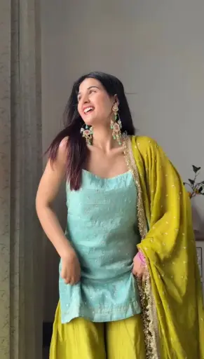 Mint Green & Yellow Embroidered Chinon Silk Palazzo Set