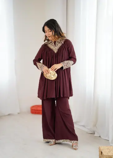 Chinnon Fabric Fully Embroidered Pleated Cord Set