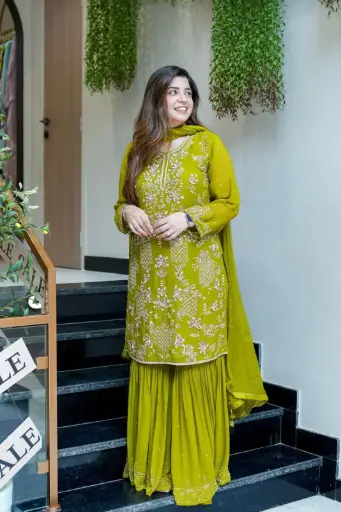 Embroidered Floral Pattern Sharara Suit Set (Available in Emerald Green & Crimson Red)