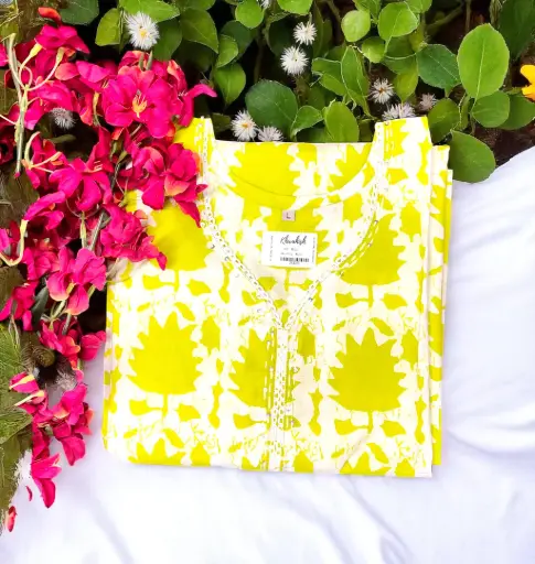 Bright Lemon Yellow and White Printed Cotton Kurti – Summer Wear for Ladies