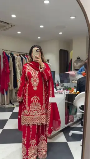Red Chinon Silk Sharara Set with Golden Embroidery