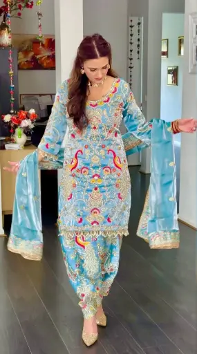 Blue Peacock Embroidered Jimmy Chu Palazzo Set