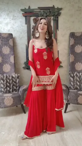 Red Threadwork Georgette Sharara Set