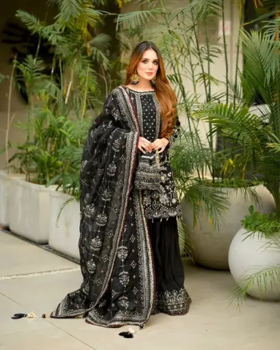 Black Sequin Embroidered Georgette Palazzo Set