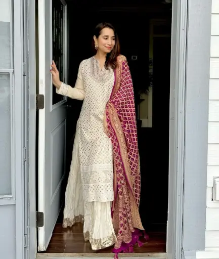 Off White Sequin Embroidered Georgette Palazzo Set