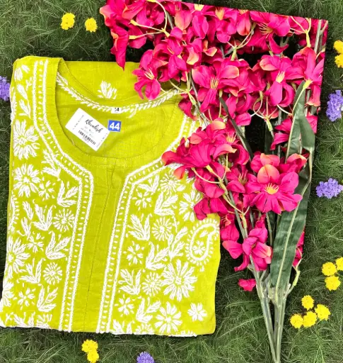 Navy Blue and Lime Green Lakhnavi Chikankari Cotton Kurti