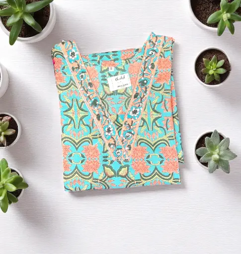 Printed Cotton Kurti with V-Neck Detailing