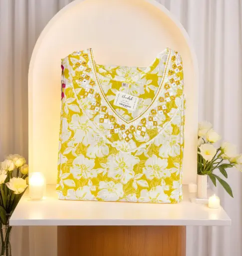 White and Yellow Floral Printed Cotton Kurti with V-Neck Detailing