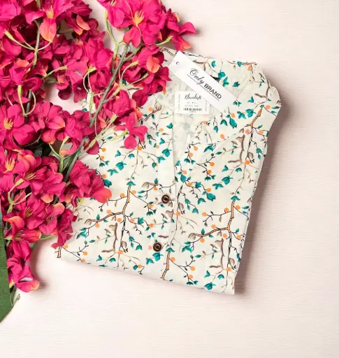 Floral Leaf Print White Rayon Short Kurti