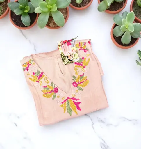 Pink Kurti with V-Neck Thread Work & Loose Fit Embroidered Sleeves