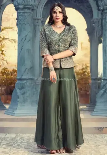 Elegant Olive Green Embroidered Palazzo Suit 