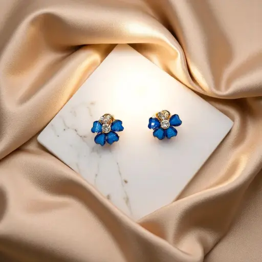 Blue Sparkle Flower Stud Earrings