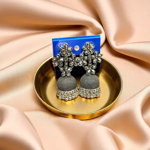 Oxidized Silver Jhumka Earrings with Flower Detail