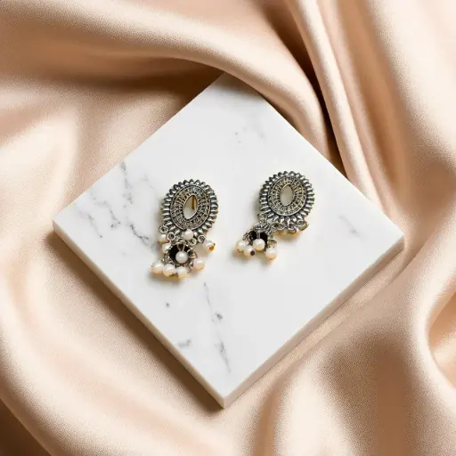 Oxidized Silver Jhumka Earrings with Pearl Drops
