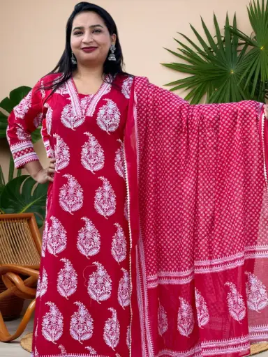 Crimson Red Block Printed Cotton Kurti Set