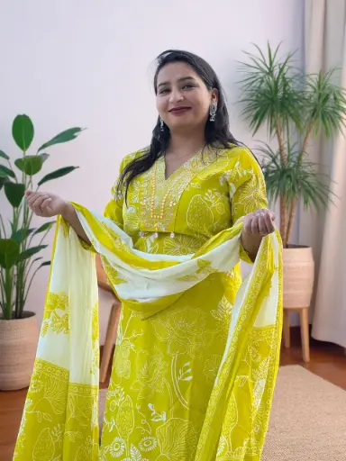 Lime Green Floral Printed 3-Piece Suit