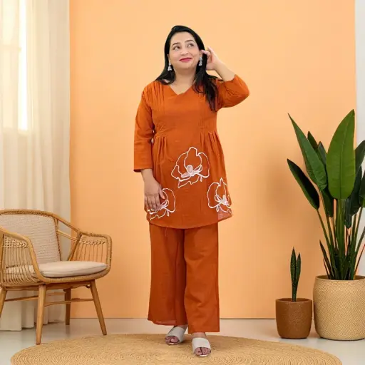 Embroidered Cotton Co-ord Set – Terracotta