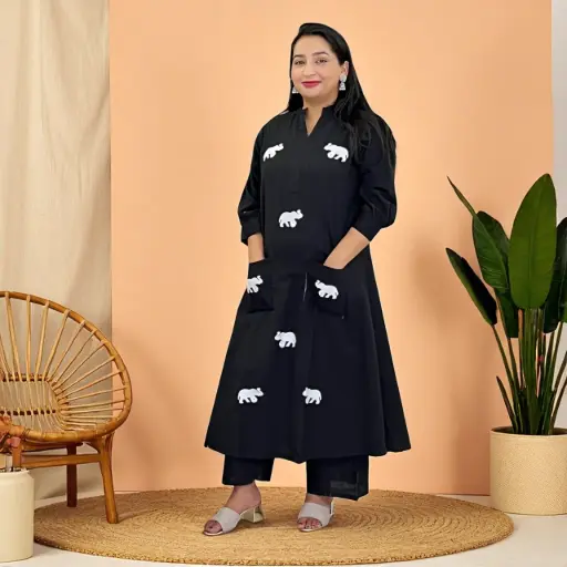 Black Embroidered Elephant Co-ord Set