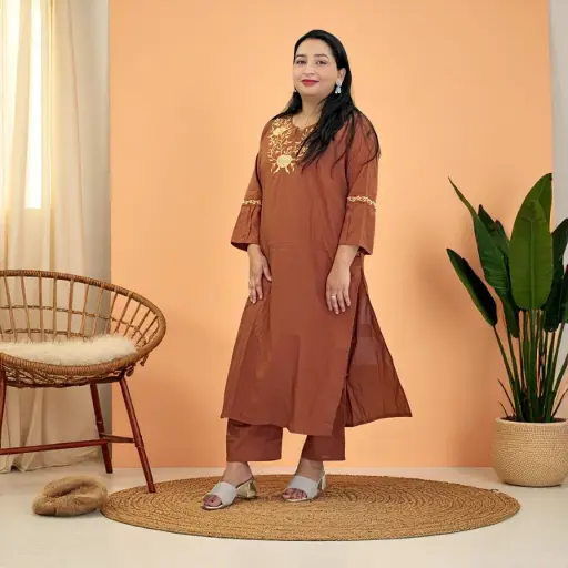 Embroidered Cotton Kurta and Palazzo Set - Rust Brown
