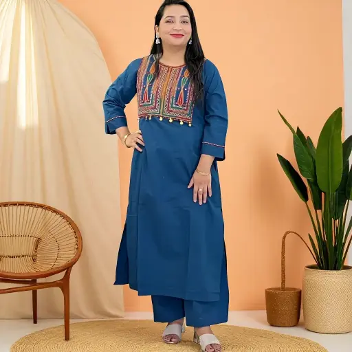 Deep Teal Hand-Embroidered Cotton Kurta & Palazzo Set