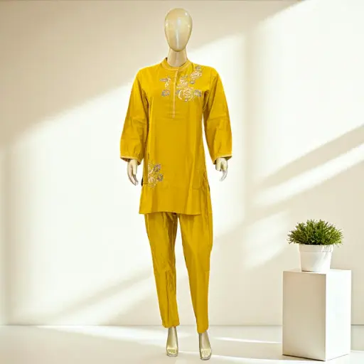 Mustard Yellow Embroidered Cotton Co-Ord Set
