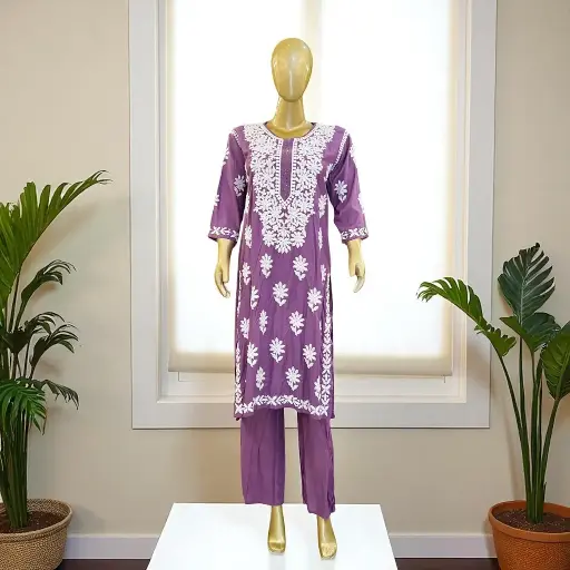 Lavender Lakhnavi Chikankari Co-ord Set - Elegant & Graceful
