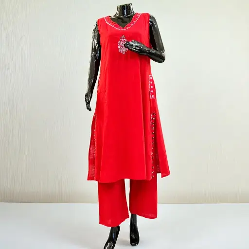 Red Cotton Kurti Palazzo Set with Pockets