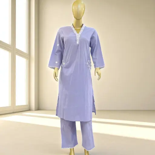 Women's Lavender Cotton Kurta Palazzo Set - Embroidered & Pocketed
