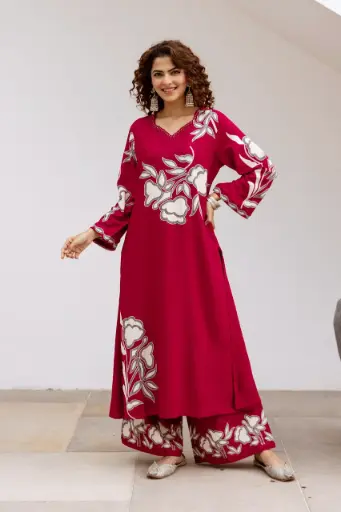 Women's Crimson Rayon Kurta Palazzo Set with Floral Embroidery – Long Sleeves